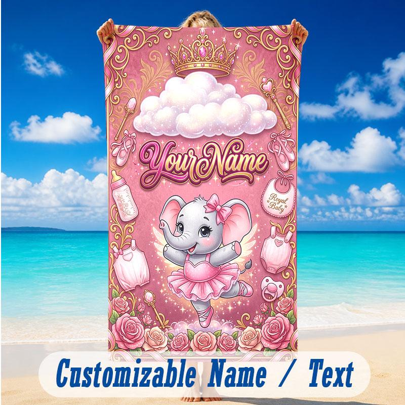 Elephant Theme Beach Towel Personalized Custom Name & Text Soft Quick Dry Beach Towel for Swimming Travel