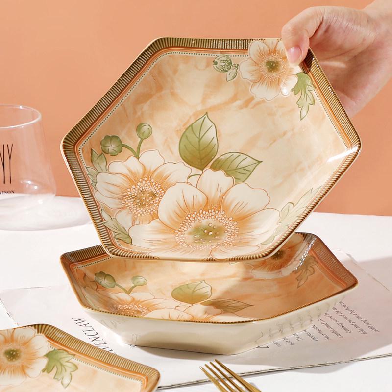 European Jasmine Rhombus Ceramic Dinnerware Set - Includes Small Plates, Fruit Plates, and Dinner Plates.