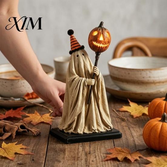 Dekoratives Harzgespenst für Kamin, beleuchtete Figur mit Fernbedienung, Vintage-Statue, leuchtender Kürbis, leuchtender Zepter-Dekor, Zepter, süß und gruselig