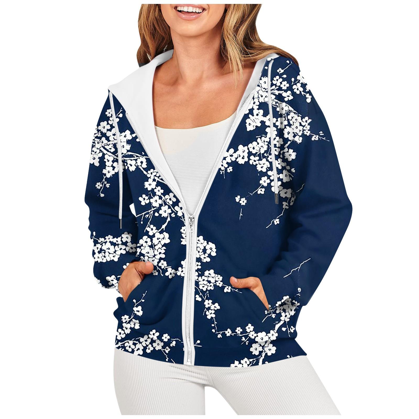 Women s  Fashion Long Sleeve Hooded Zipper Floral Print Hoodie Coat XXL