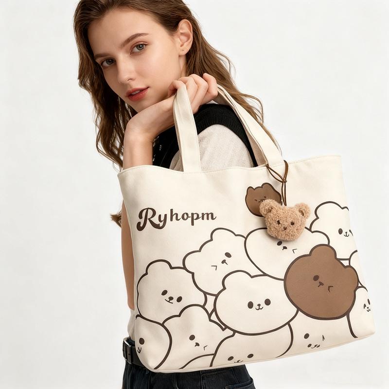 

Japanese Bear Canvas Tote Bag - Large Capacity for Women & Students Multi-Bear No Zipper
