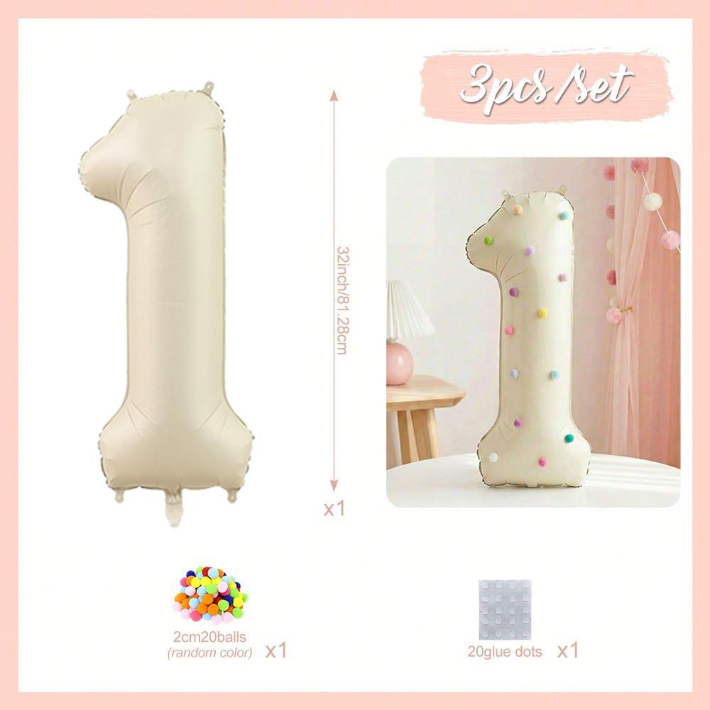 32 Inch Aluminum Foil Balloons, Milky White Numbers 0-9 for Birthday Party Decoration, 20 Plush Balls for Celebrating Birthdays