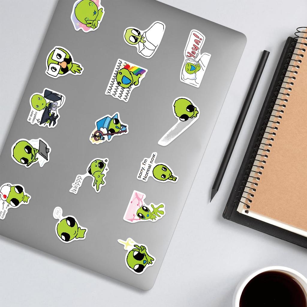 52PCS Little Green Alien Stickers Colorful Funny Green Alien Cup Laptop Cell Phone Luggage Decoration Waterproof Stickers