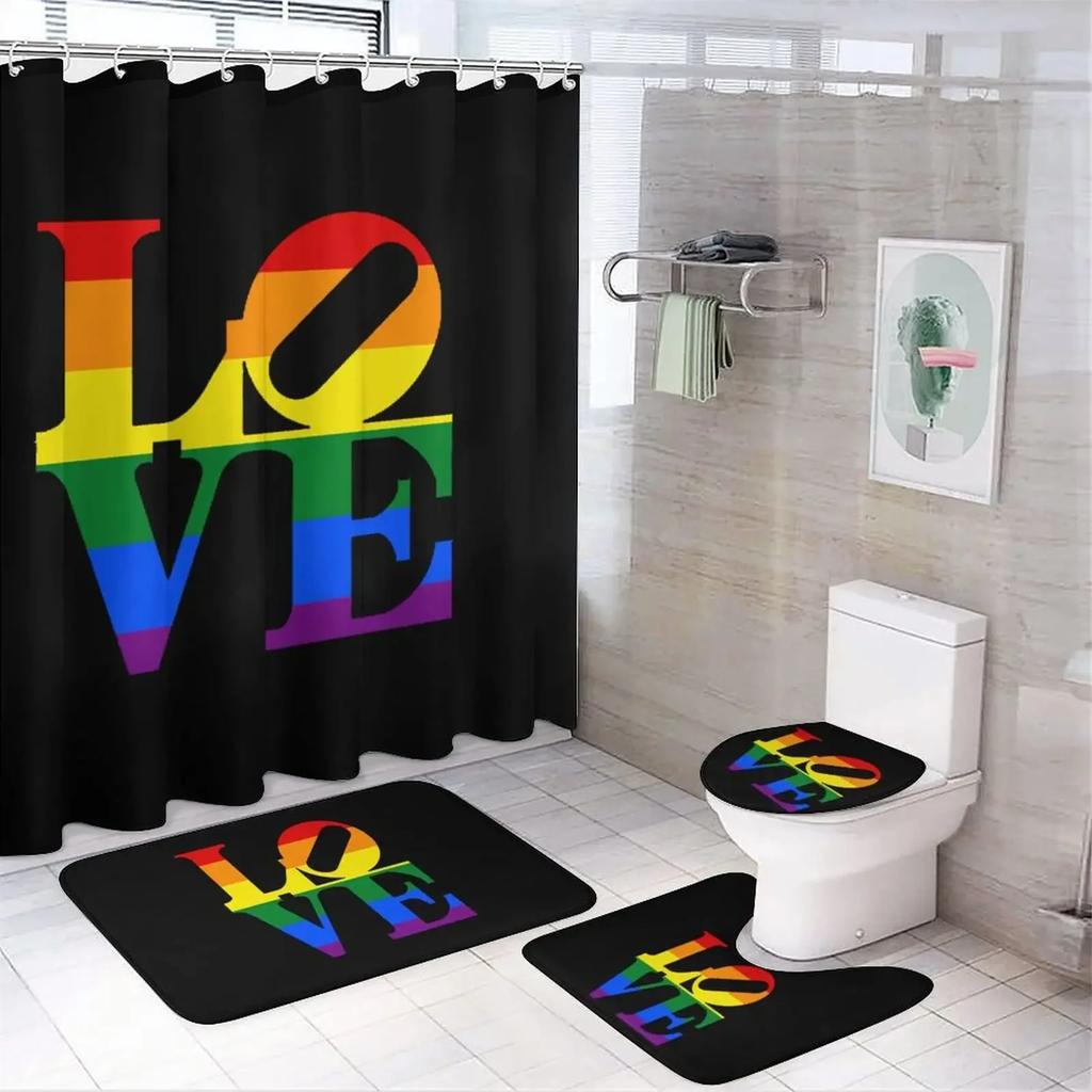 Rainbow Pride Gay Flag Shower Curtain Set Bath Mat Bathroom Toilet Carpet Floor Rug Lesbian Peace Lgbt Home Decor