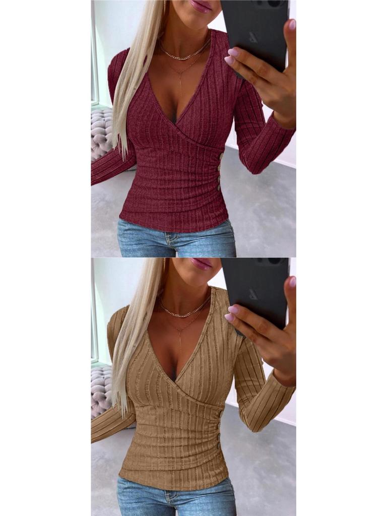 Women's Autumn Ribbed Knit V-Neck Slim Fit Long Sleeve Button Pullover