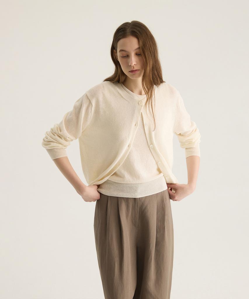 Oatmeal Cafe Linen Round Neck Cardigan - Ivory