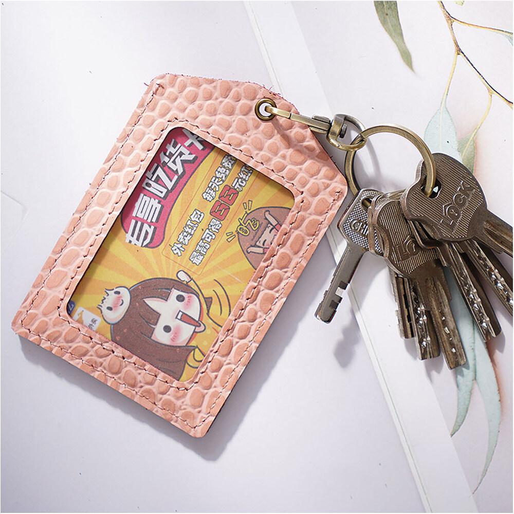 Genuine Leather Crocodile Stripes Office Badge Holder Chest Card Bus Card Campus Access Control Student Meal Card Protective Cases with Keychains