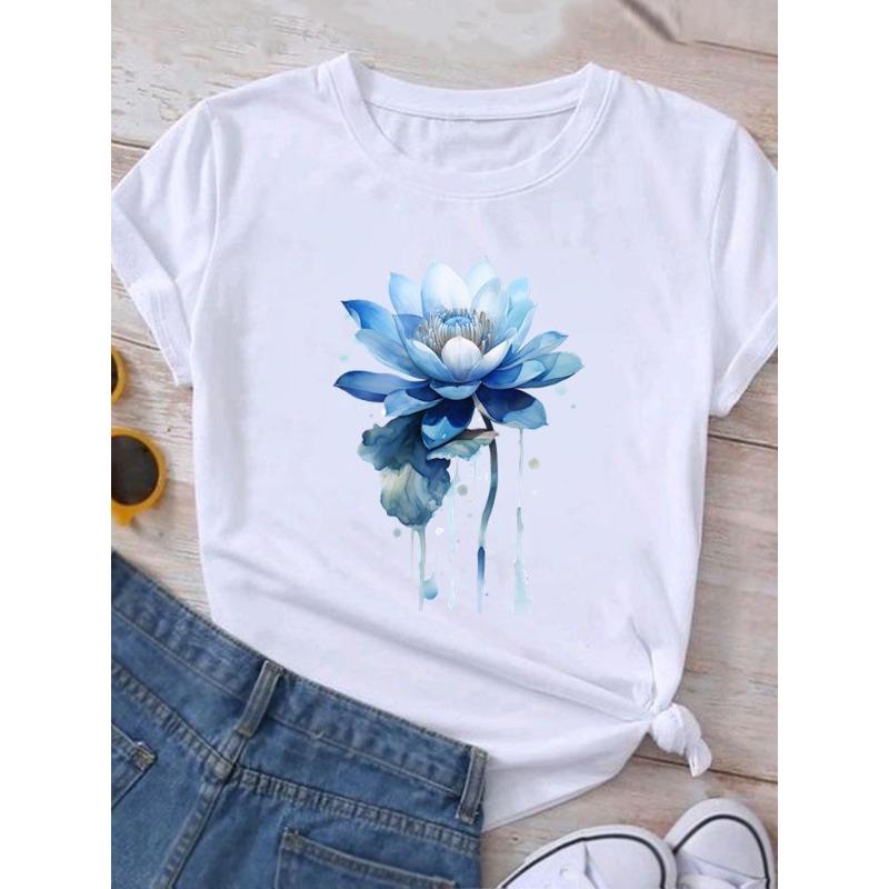 European Size Clothing T Shirt Tee Top Watercolor Trend 90s Flower Women Woman Print Fashion Female Short Sleeve Graphic T-shirts