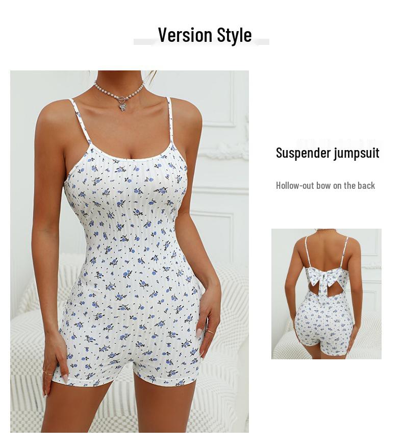2025 Summer Women's Floral Print Bow-Back Bodycon Jumpsuit