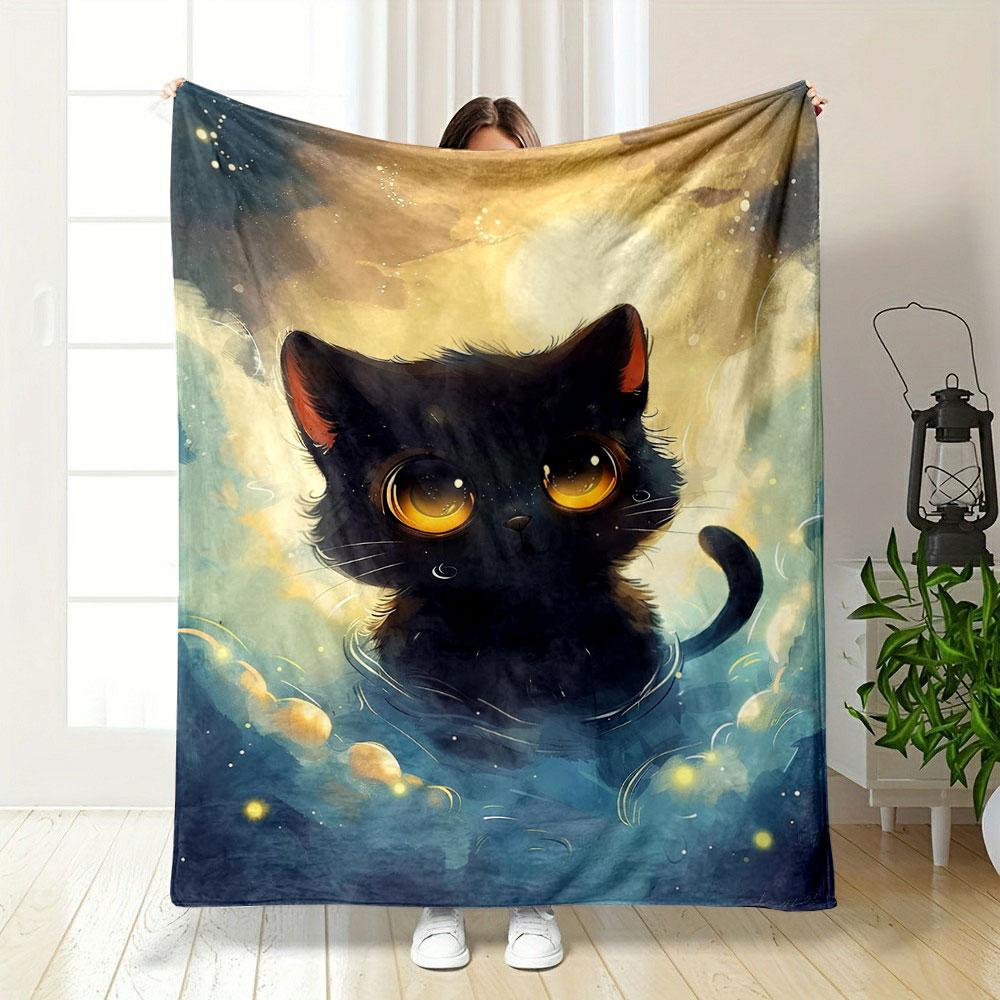 "Adorable Black Cat At Sunset" Patterned Blanket, Flannel, Suitable for All Seasons, Home Decor, Warm and Cozy