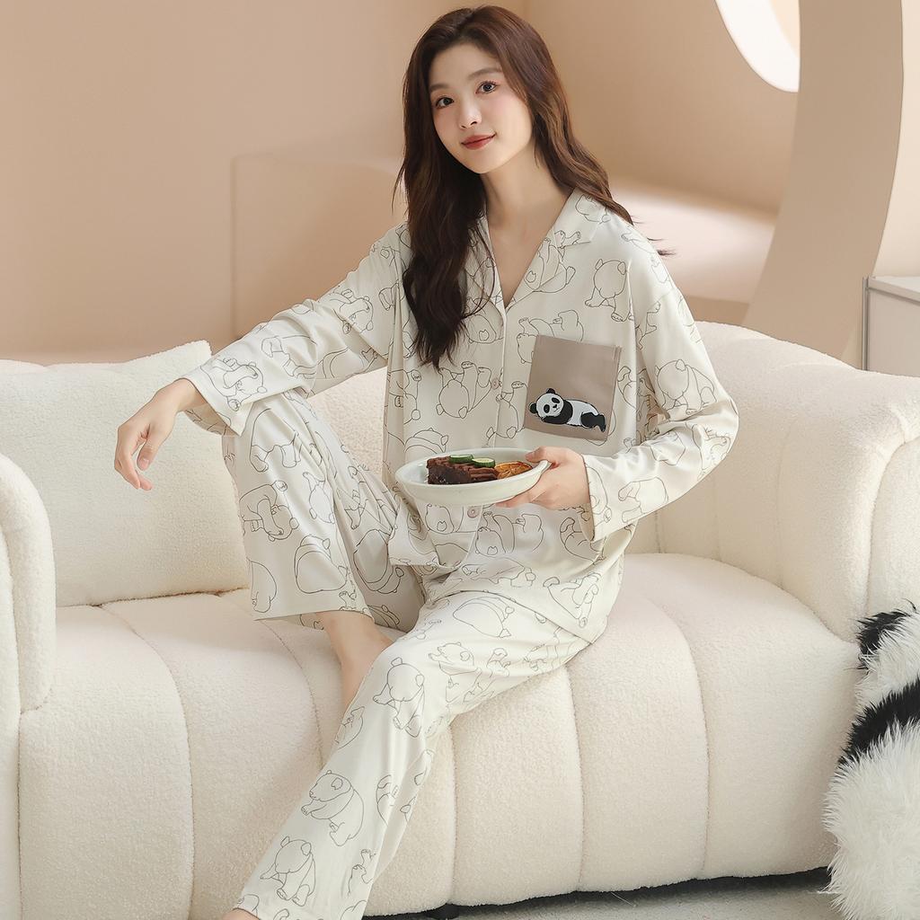 Pajamas Women's Pure Cotton Spring and Autumn 1011 New Women's Long-sleeved Pants Loungewear Korean Cotton Suit Can Be Worn Outside