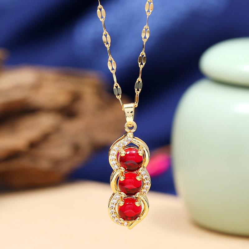 Chinese style imitation Hetian jade safety buckle necklace women's retro temperament titanium steel clavicle chain gold inlaid jade pendant with
