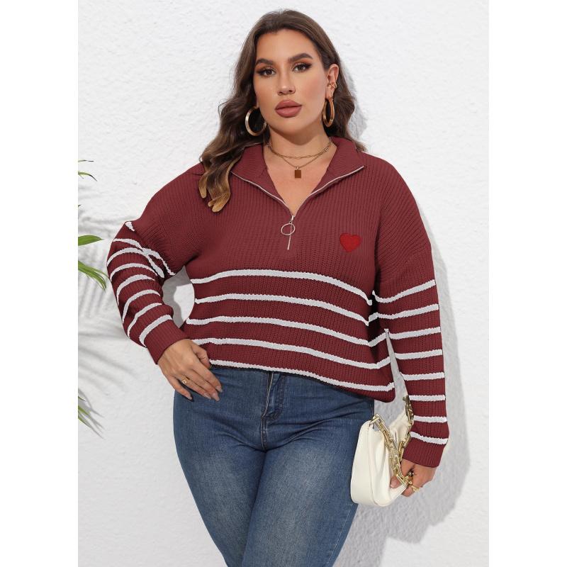Women's Pullover Sweater Plus Size Women's Clothing Striped Patchwork Half Turtleneck Zipper Heart Knitted Sweater