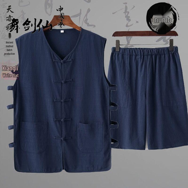 Sleeveless Mandarin Cotton-Linen Vest for Middle-Aged and Elderly Men