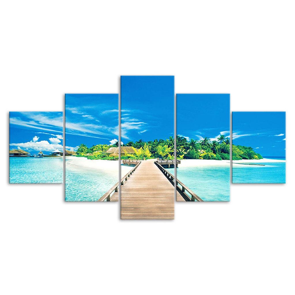 Wooden Bridge Tropical Beach Summer Island Nature 5 Piece Five Panel Wall Canvas Print Modern Art Poster Picture Home Decor Gift For Him Her
