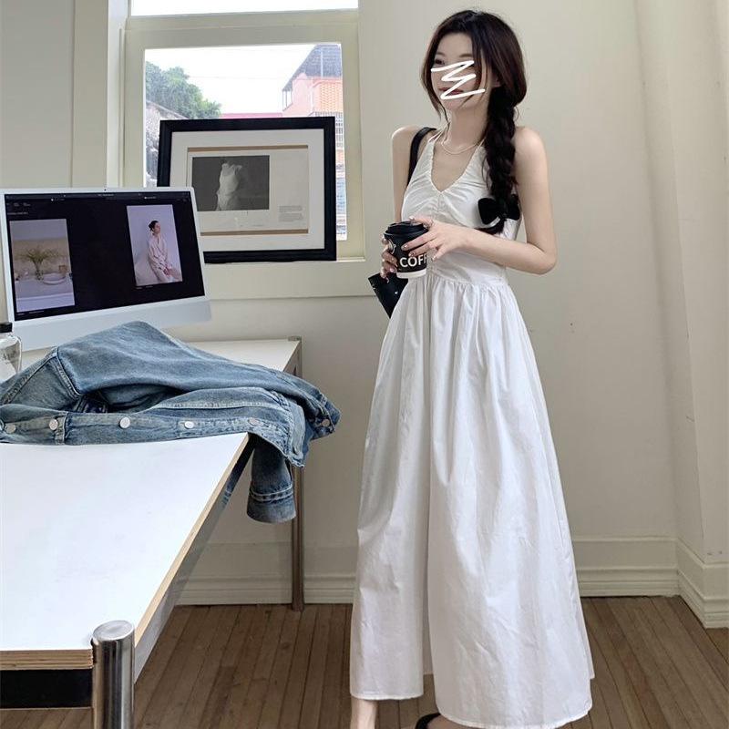 

French white neck strap V-neck dress female summer fairy style Mori backless seaside vacation fluffy dress S белый