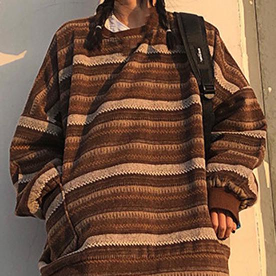 Women Sweater Stripe Vintage Style Slouchy Oversized Fall Sweater for Daily Wear