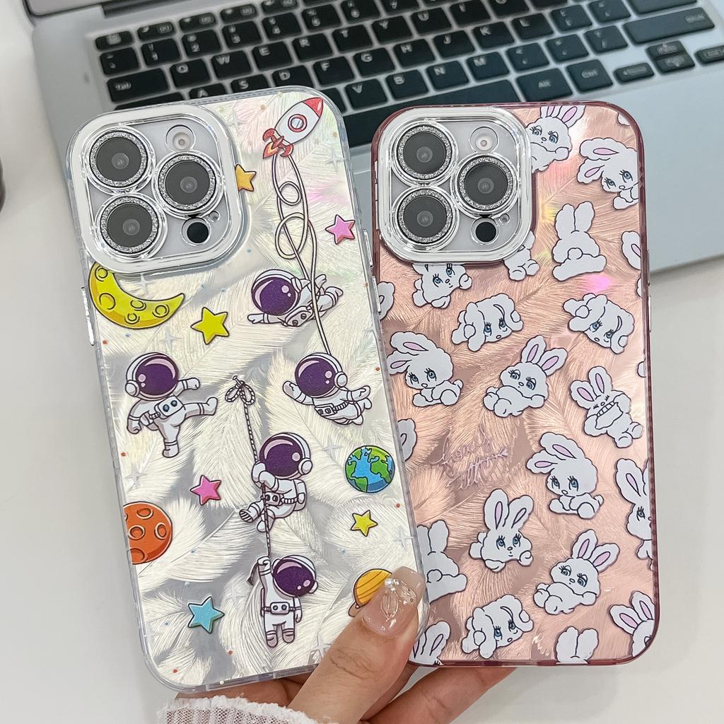 For iPhone 15 Pro Max Case IMD Cartoon PC+TPU Protective Mobile Cover with Glass Lens Film