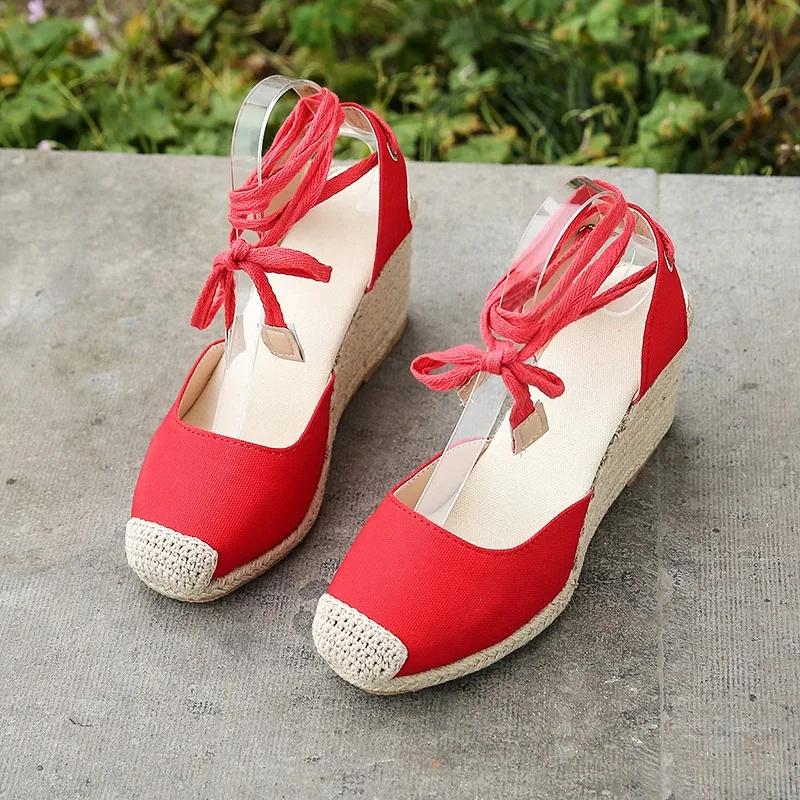 2024 Damen Espadrille Sandalen mit Knöchelriemen Bequeme Hausschuhe Damen Freizeitschuhe Atmungsaktive Pumps aus Flachs-Hanf-Canvas