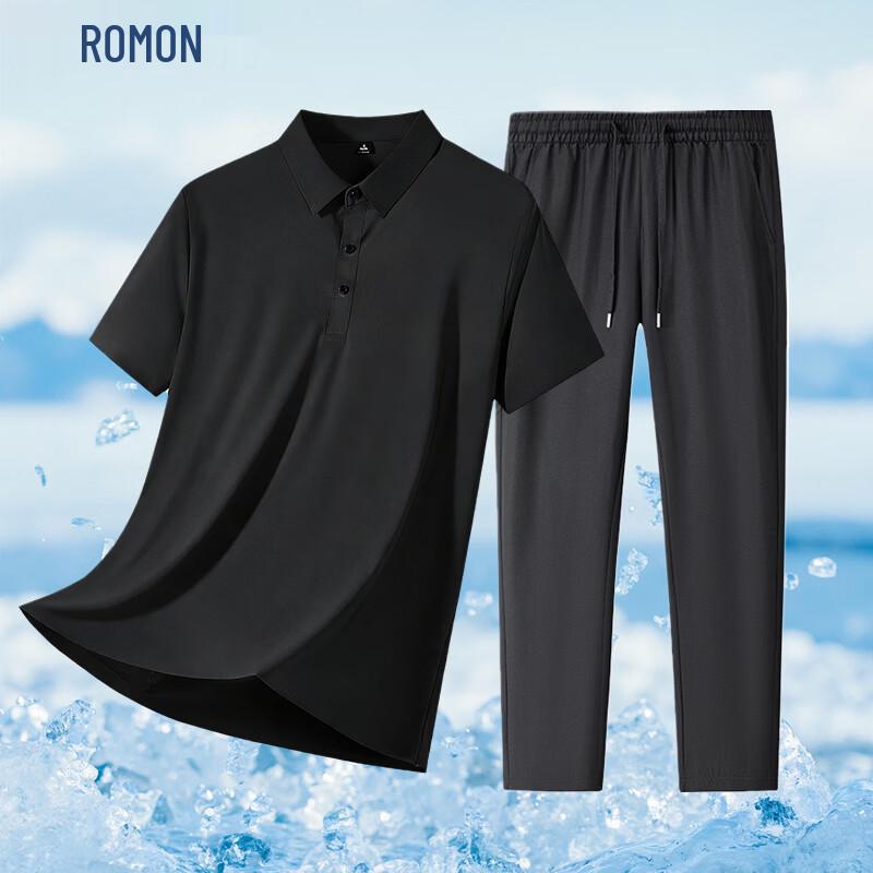 Romon Men's Ice Silk Quick-Dry Polo & Pants Set
