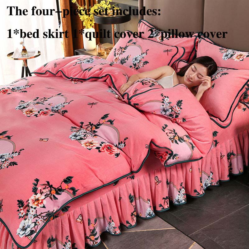 Milk Velvet Four-piece Suit Plus Velvet Thickening Soft Skin-friendly Bedding Double-sided Velvet Bed Skirt Is Resistant To Dirty Winter