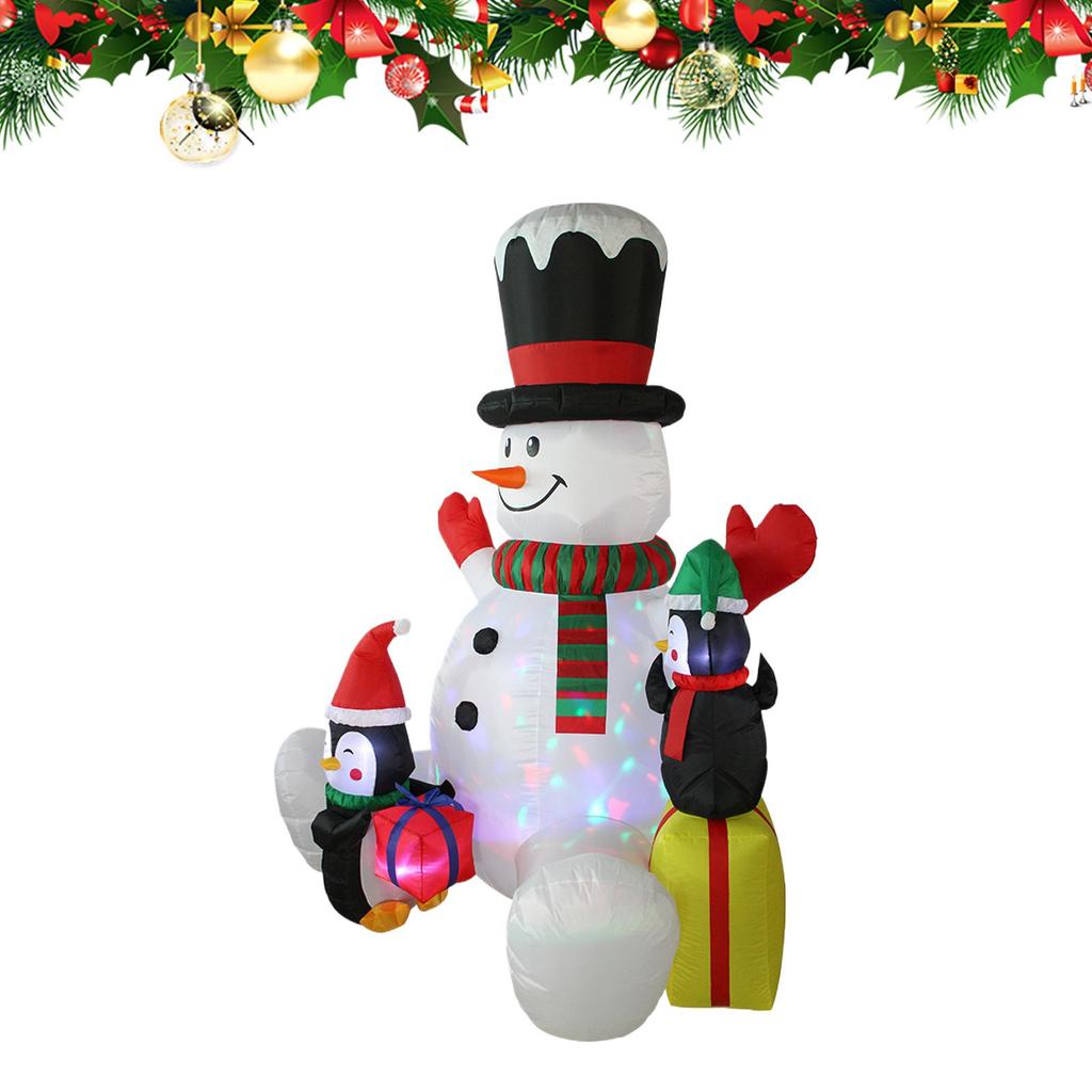 Christmas Inflatable Sitting Snowman 7ft Waterproof Night Lighting Decor With 2 Penguins Built-in Rotating RGB LED Lights