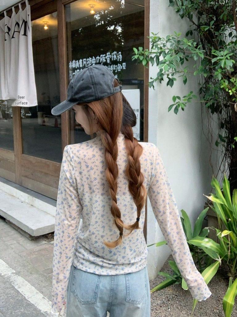 Damen Blau Floral Hochgeschlossenes Langarm Rüschen Oberteil - Herbst Koreanischer Stil, Leicht Durchsichtig