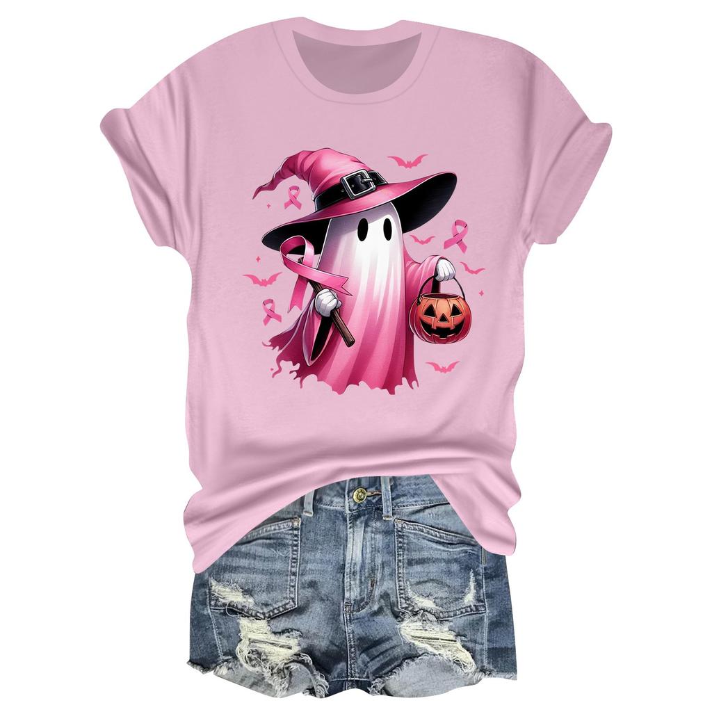 Women's Casual Halloween Breast Print T-Shirt Round Neck Pullover Short Sleeve Top