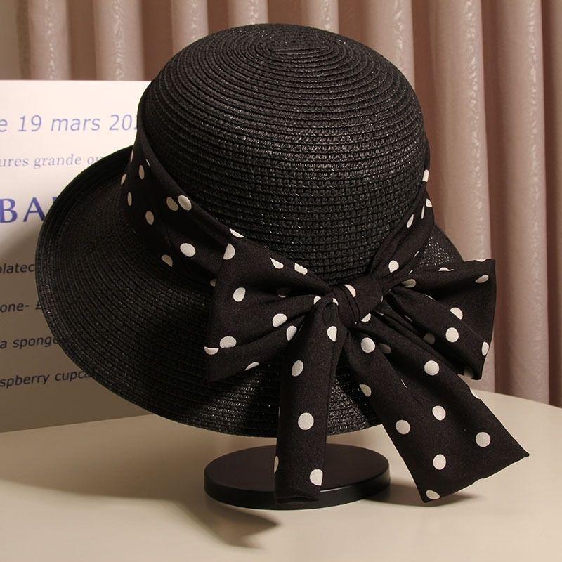 Polka Dot Straw Sun Hat Bowknot Wide Brim Casual Sun Protection Hats Stylish Breathable Foldable Beach Hat for Women