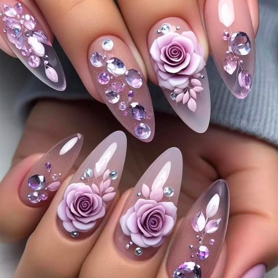 

New 3D Printed Almond Nail Wearable Nail Patch Rose Rose Gradient Dot Diamond Patch