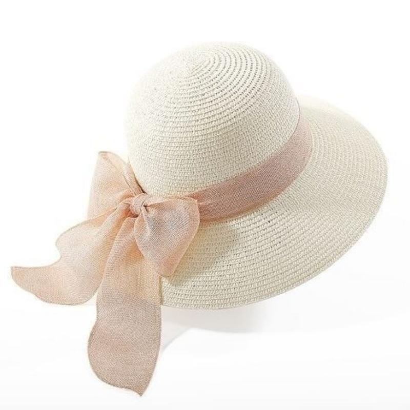 Lady New Bowknot Straw Hat Adult Summer Sunscreen Leisure Cap Wide Brim Students Fresh Raffia Shading Sun Cap Foldable