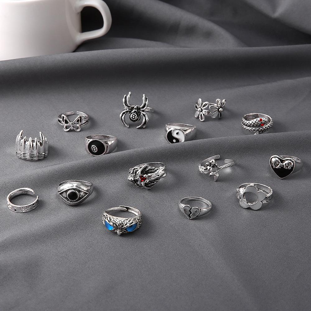 Retro Animal Ring Exaggerated Owl Spider Ring 15-piece Set