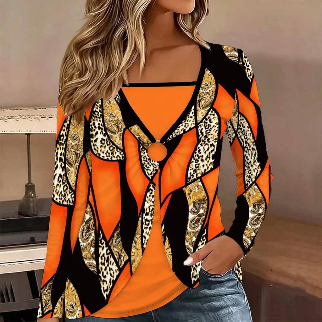 Tops for Women Floral Print Long Sleeve Fake Two‑Piece Top Fall Casual Slim Pullover Women's Long Sleeve Top