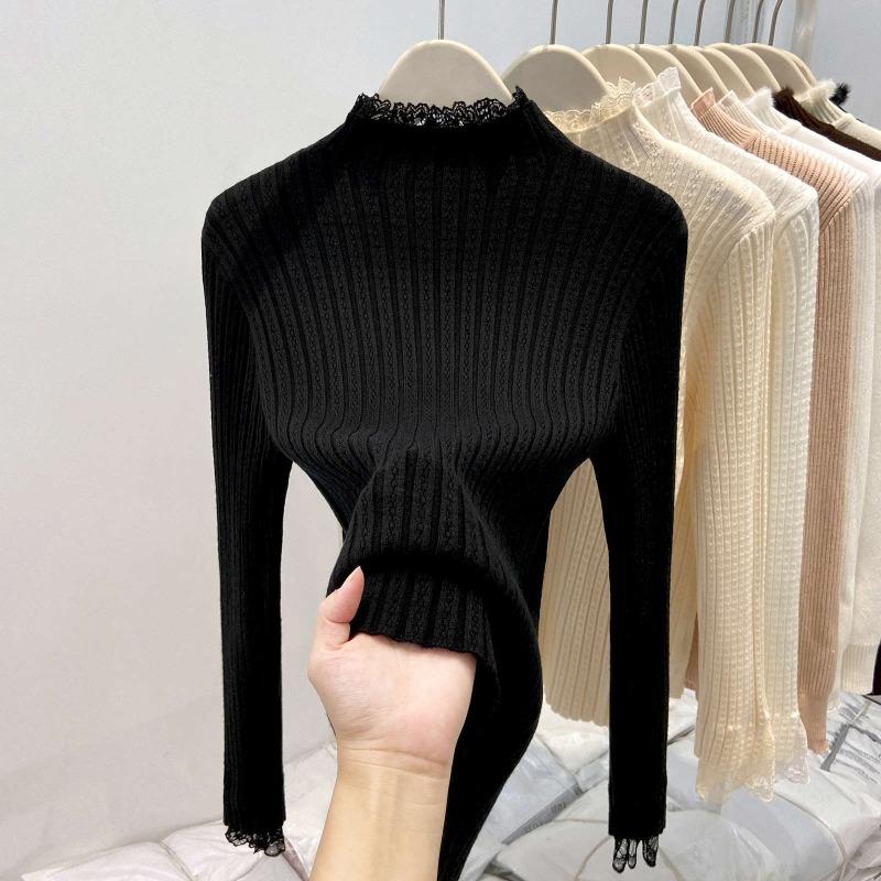 Spring Lace Splicing Semi-turtleneck Knitted Sweater Women's Design Sense Slim Fit Bottoming Shirt Sweet Wind Sweater