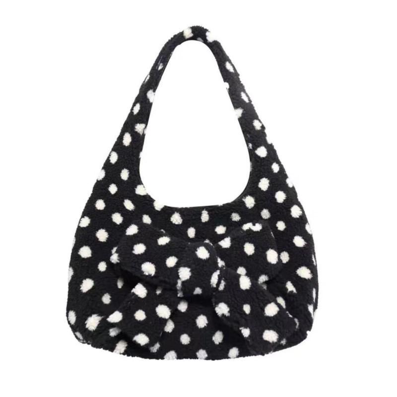 Japanese Sweet Cute Bow Tote Bag Women Plush Polka Dot Large Capacity Shoulder Bags Ladies Harajuku Versatile Daily Underarm Bag