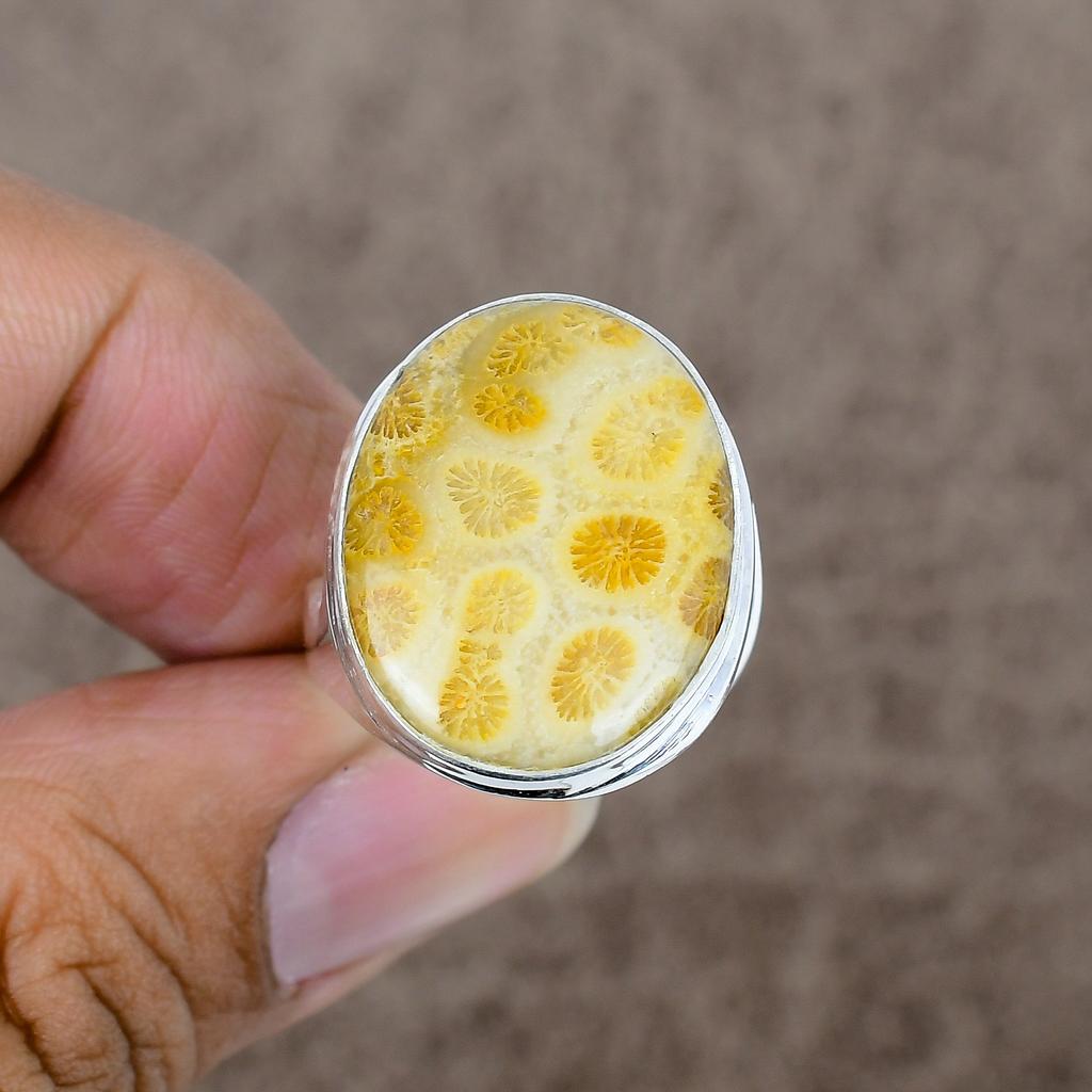 Fossil Coral Genstone Handmade 925 Sterling Silver Jewelry Ring Size 9 KKG-496