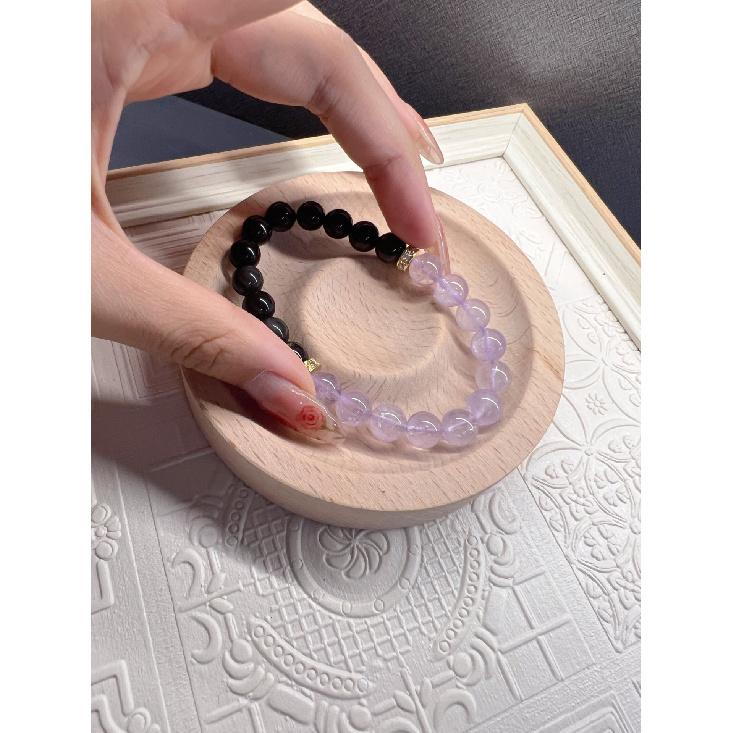 Handmade Natural Rose Quartz Bracelet with Black Obsidian and Strawberry Quartz - Unique Gift