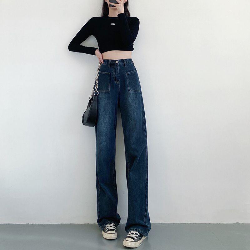 

Женские темно-синие джинсы с высокой посадкой и широкими штанинами - Ретро американский стиль, облегающий крой, идеально подходят для весны и осени XL