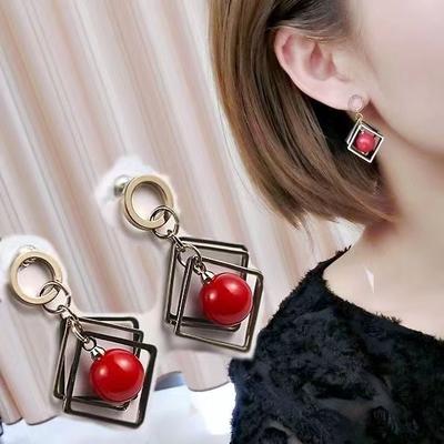 Rote Perle Stein Geometrische Ohrringe Damen Mode Lässig Shopping Zirkon Ohrringe