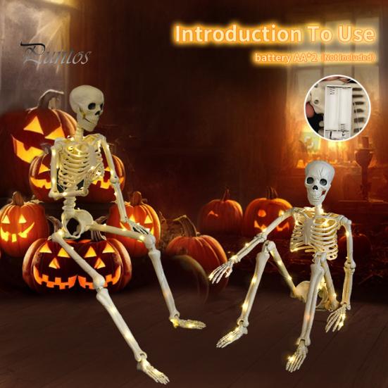 Cemetery Themed Landscaping 36 Inches LED Light Up Halloween Skeleton, 3FT Life Size Full Body Posable Skeleton Plastic Human Bones with Movable