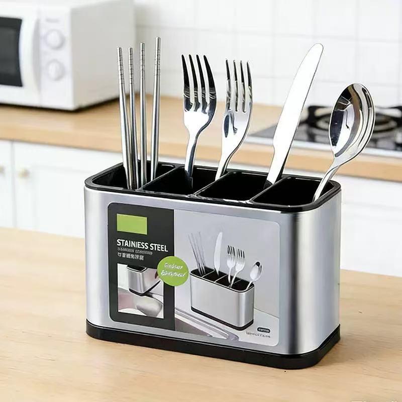 Porta utensili in acciaio inossidabile con più scomparti e design drenante per piano cucina, contenitore per posate