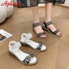 Aphixta 5cm Square Heel Summer Leopard Peep Toe Sandals Buckle Bling White Leather Open Shoes Elastic Band Plus Size 43