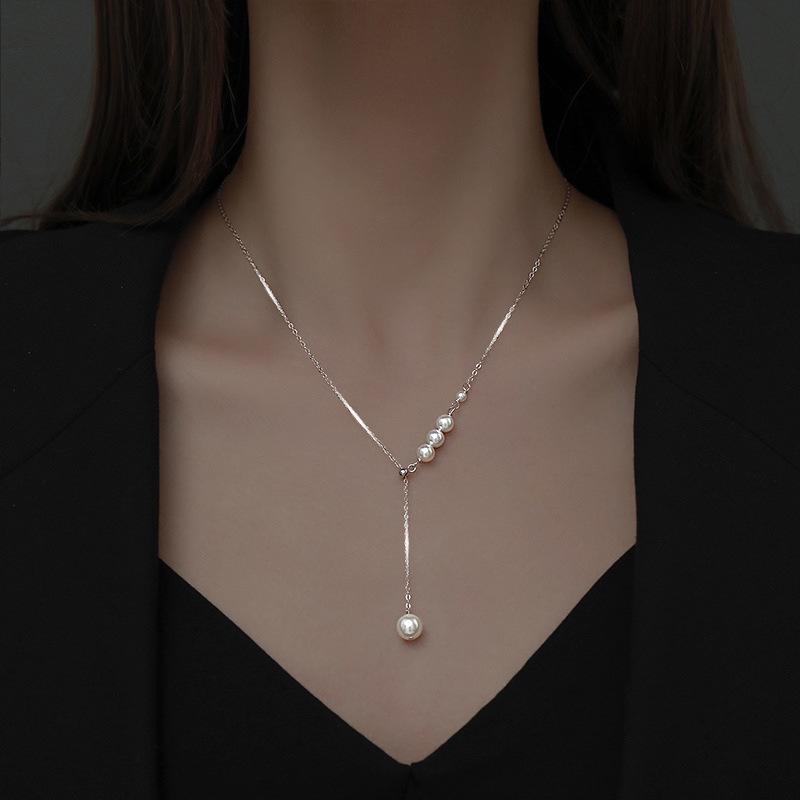 Korean Style High-End Tassel Pearl Titanium Necklace for Women