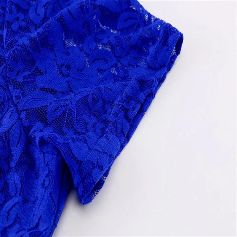 Mode Damen Rundhals Kurzarm Plissee Spitze Slim Kleid