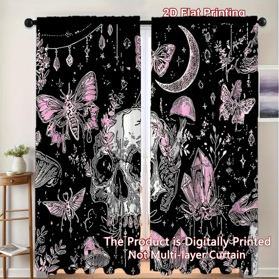 2PCS Digital Printed Curtains, Skull Pink Butterfly Moon Pattern, Dark Style Rod Pocket Drapes for Bedroom Living Room Decor