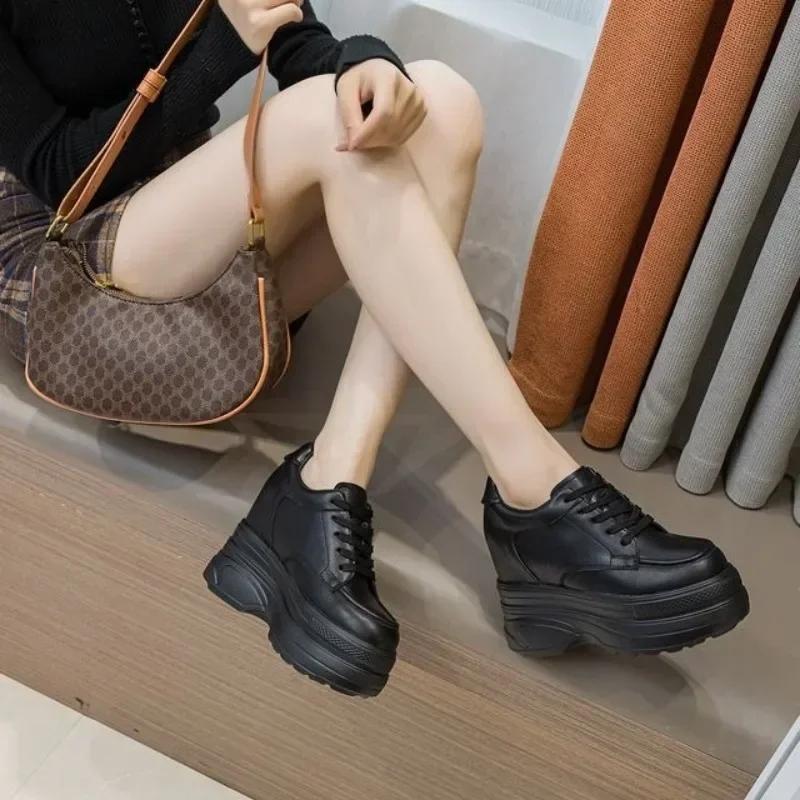Fashion New Women Sneakers Genuine Leather Casual Platform Trainers Black Shoe 11CM Heels Autumn Wedges Woman Height Increasing Shoes
