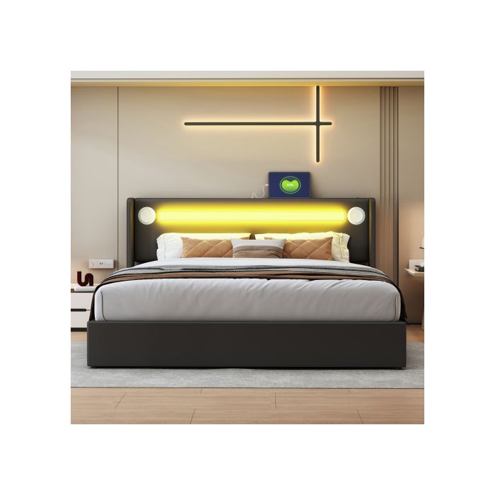160x200 Lit rembourré avec barre lumineuse LED, lecteur Bluetooth et chargeur USB, lit de rangement en cuir PU, noir