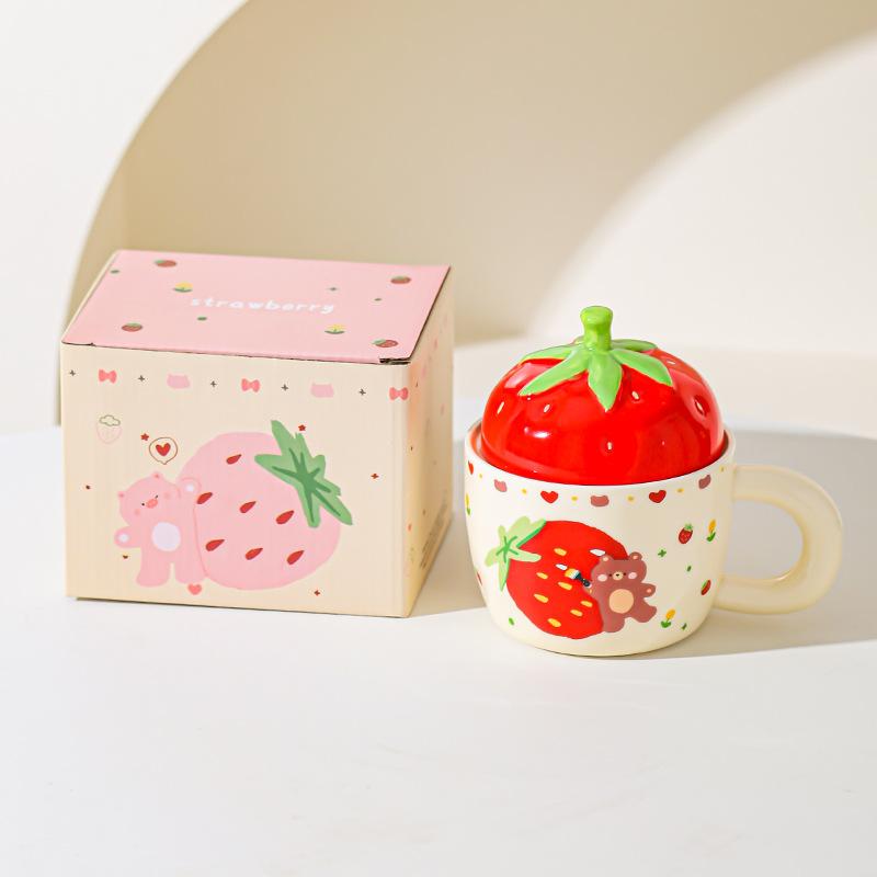 Erdbeerbär Keramiktasse mit Deckel für Mädchen Geschenk Tasse für Haushalt Becher Hochwertig Aussehende Paar Milch Frühstückstasse