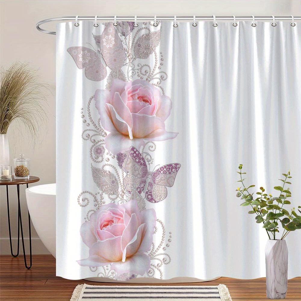 

Romantic Whimsical Floral Shower Curtain, Pink Roses & Butterflies,Watercolor On White Polyester,12 Hooks,Elegant Bathroom Decor W60H190(CM)-1 Pcs