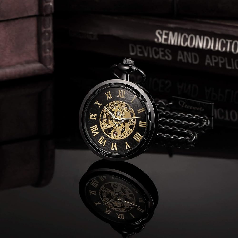 Treeweto Antique Mechanical Skeleton Pocket Watch Hand-Wound Men's with Chain Black